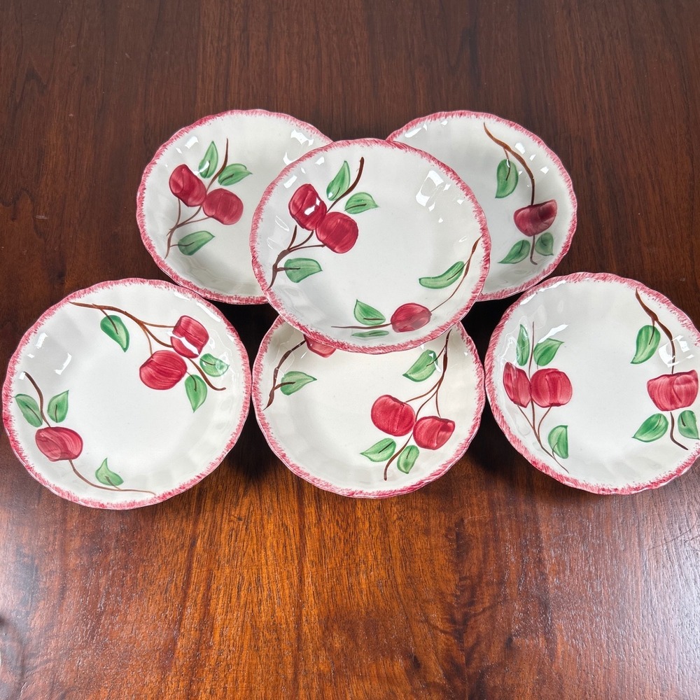 Blue Ridge Southern Pottery Hand Painted Fruit Bowls Red White Scalloped Vtg SIX
